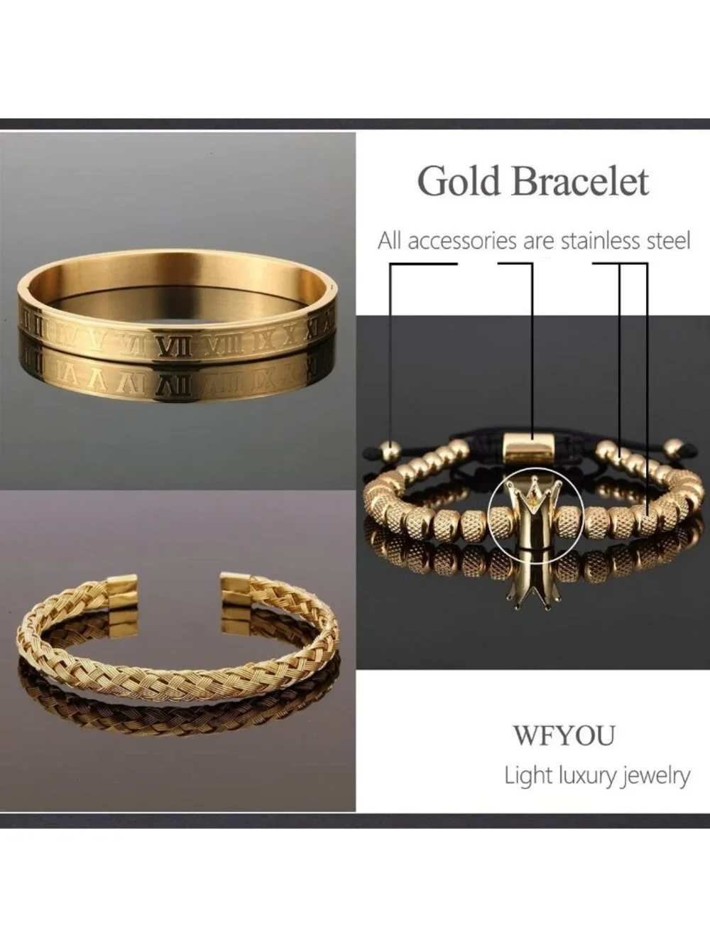 3PCS Men's Luxury Stainless Steel Bracelets Set - Gold Roman Numeral & Twisted